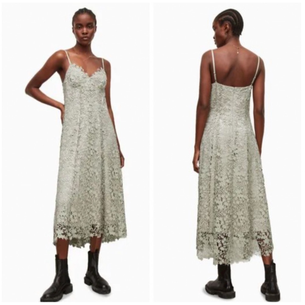 All Saints Green Lace Midi Dress